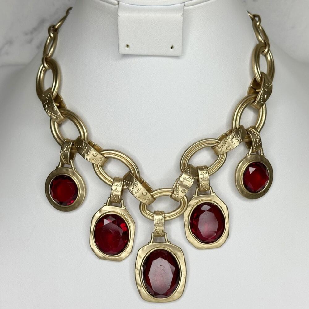 Chico's Chunky Gold Chain Red Rhinestone Necklace ✨